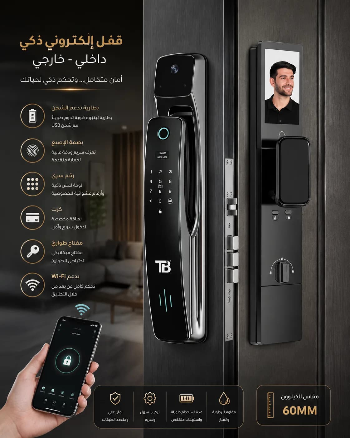 قفل باب ذكي TB ببصمة ورمز سري ودعم Wi‑Fi، أسطوانة 60 مم