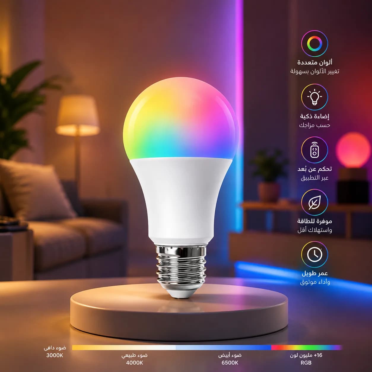 لمبة ليد ذكية A60 بقدرة 9 واط RGB متغيرة الألوان