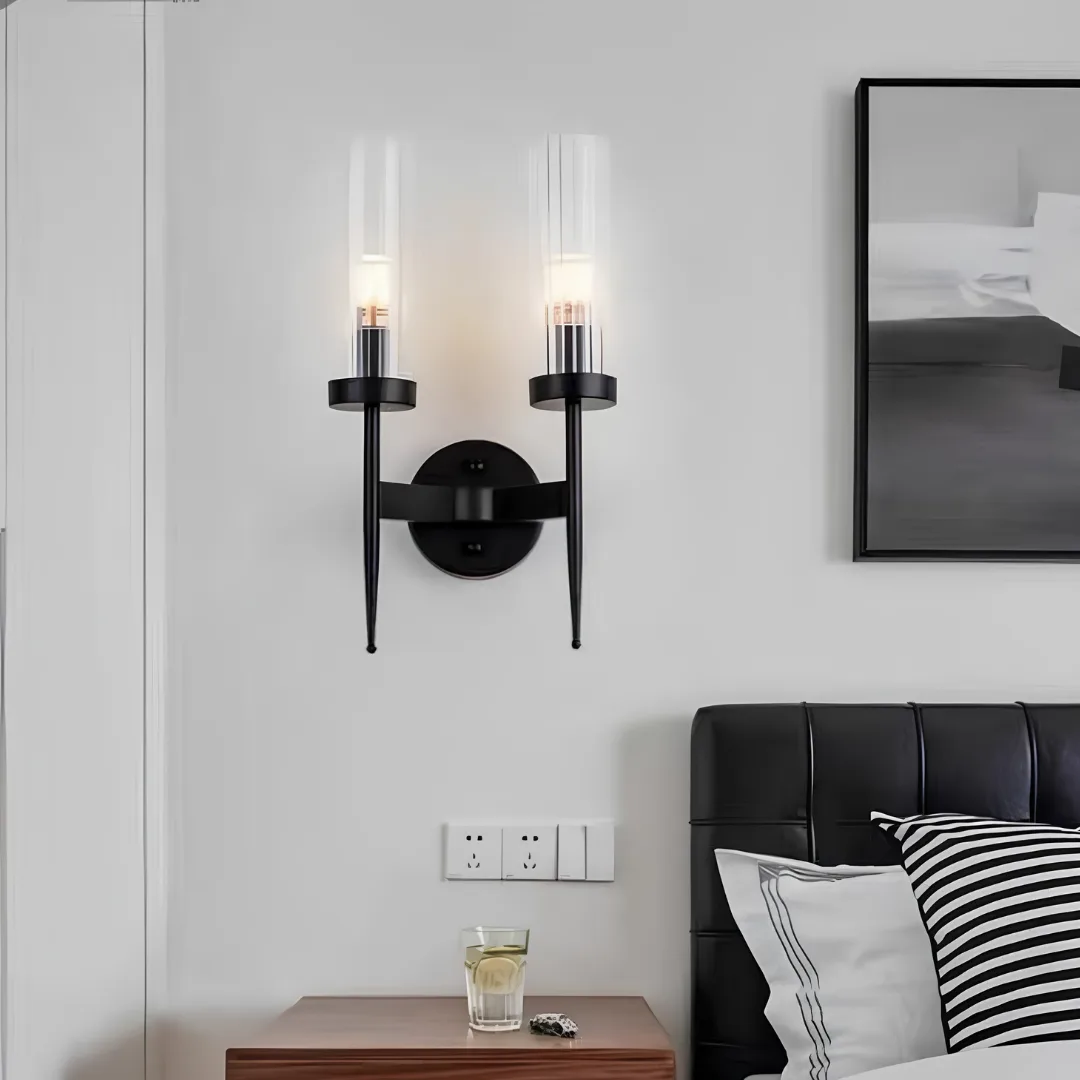Modern Black Double Wall Sconce with Clear Glass Shades